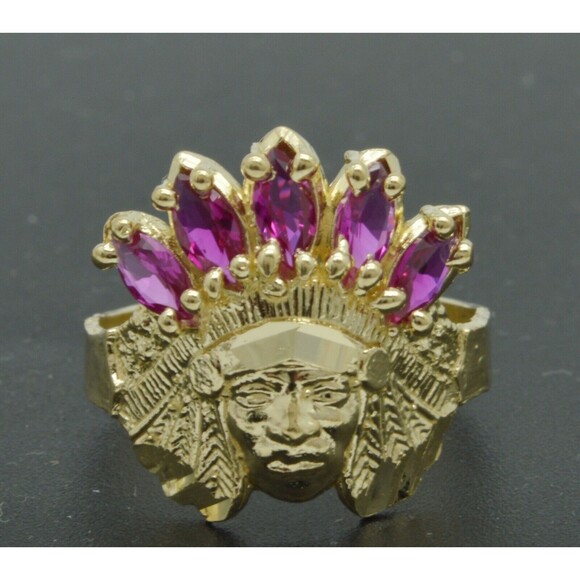 Womans 10K Solid Yellow Gold Native American Indian Red CZ ring ALL Sizes - Picture 1 of 4